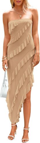 PRETTYGARDEN Women's Summer Long Formal Cocktail Dress Strapless Tube Asymmetrical Ruffle Maxi Bodycon Dresses in Saudi Arabia