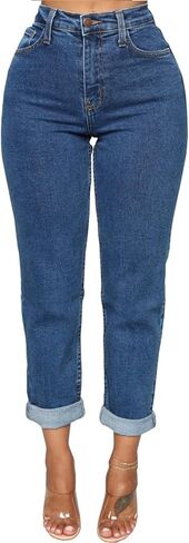SheKiss Women's Ripped High Waisted Straight Leg Boyfriend Trendy Jeans Loose Fit Distressed Zipper Fly Hole Denim Pants in Saudi Arabia