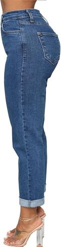 SheKiss Women's Ripped High Waisted Straight Leg Boyfriend Trendy Jeans Loose Fit Distressed Zipper Fly Hole Denim Pants in Saudi Arabia