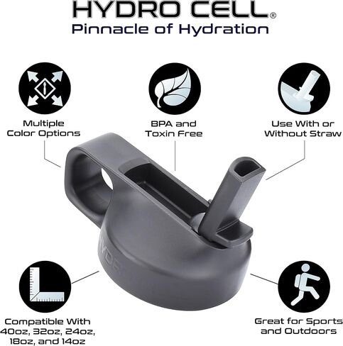 HYDRO CELL Sports Cap w/Straw for Wide Mouth Water Bottles - BPA Free Flip Spout Replacement Lid - 64 oz, 40 oz, 32 oz, 24 oz, 18 oz, 14 oz. Sports Top Accessories (Black Sports Cap, 14oz-40oz) in Saudi Arabia