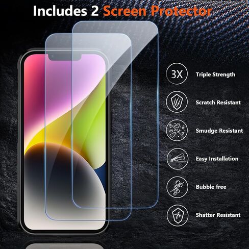 لحالة iPhone 14/iPhone 13 ، [الصف العسكري] 15 قدمًا. قم بإسقاط حالة وقائية تم اختبارها مع 2x [واقي شاشة زجاجية مقسمة] ضئيلة وصعبة على iPhone 14/iPhone 13 ، Black in Kuwait