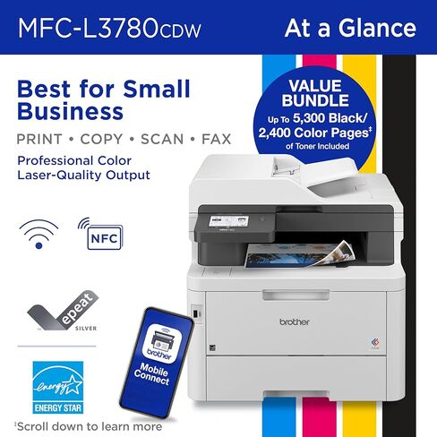 Brother MFC-L3780CDW Digital Color All-in-One Printer Additional Toner Bundle with Single Pass Duplex Copy and Scan, Duplex and Mobile Printing, Gigabit Ethernet & Refresh Subscription Ready in Saudi Arabia