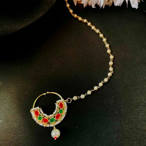 I Jewels Indian Wedding Bollywood Gold Plated Traditional Ethnic Bridal Nose Ring/Nath Without Piercing with Pearl Chain Encased with Pearl Stone for Women/Girls (NL70W) in Saudi Arabia