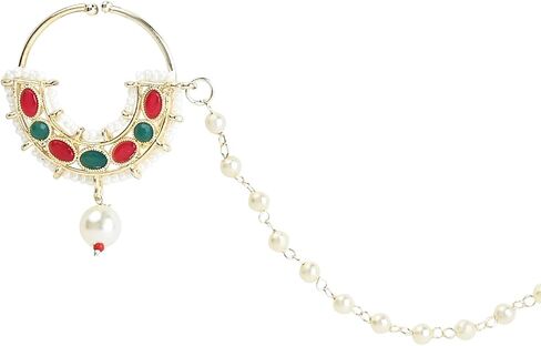 I Jewels Indian Wedding Bollywood Gold Plated Traditional Ethnic Bridal Nose Ring/Nath Without Piercing with Pearl Chain Encased with Pearl Stone for Women/Girls (NL70W) in Saudi Arabia