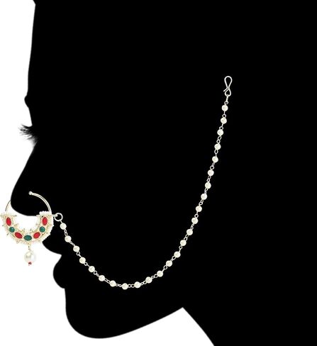 I Jewels Indian Wedding Bollywood Gold Plated Traditional Ethnic Bridal Nose Ring/Nath Without Piercing with Pearl Chain Encased with Pearl Stone for Women/Girls (NL70W) in Saudi Arabia