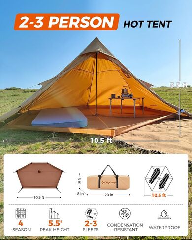 KingCamp Hot Tent with Stove Jack, 4 Season Cotton Tipi Tent for Camping, Lightweight Portable with Carry Bag, Foldable Snow Skirt, Set-up Rainfly, Glamping Hiking Backpacking, Windproof, Rainproof in Saudi Arabia