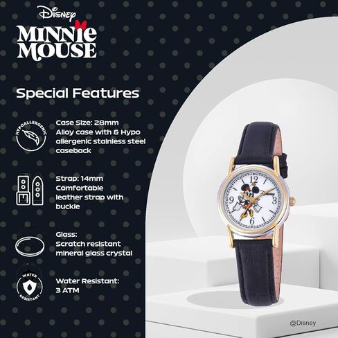 ديزني ساعة ميني ماوس للنساء بلونين من خليط معدني كارديف وسوار جلدي بني، W002770، بني in Kuwait