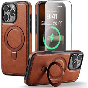 لحالة iPhone 16 Pro مع حامل متوافق مع Magsafe Slim Pu Leather & TPU Drop Proof Proof Proof Magnetic Kickstand Wover مع واقي شاشة زجاجية 6.3 "، بني