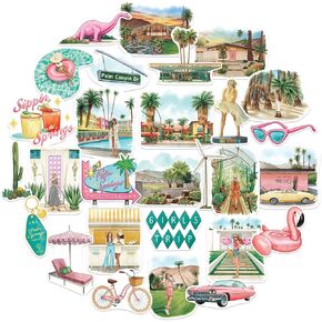 Navy Peony Retro-Chic Palm Springs Travel Stickers (28pcs) - Trendy Lifestyle-Themed Vacation Decals for Journal, Scrapbook, Suitcase, Water Bottle