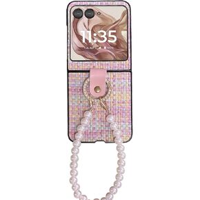 for Motorola Razr 2024 Case with Bling Ring & Chain, Luxury Stylish Razr 2024 Phone Case for Women Girls Shockproof Protection Flip Case for Moto Razr 2024 Pink