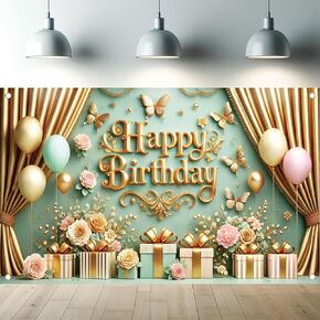 Gold Green Happy Birthday Backdrop Butterfly Gift Box Floral Banner Photography Background for Girl Women Supplies Party Decoration Photo Booth Prop 71 x 43 Inch
