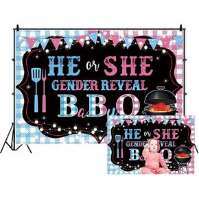 7x5ft He Or She Gender Reveal BabyQ Backdrop Banner Boy Or Girl Newborn Baby Shower Birthday Photography Background Barbecue Theme Party Supplies Cake Table Decorations Photo Booth Props