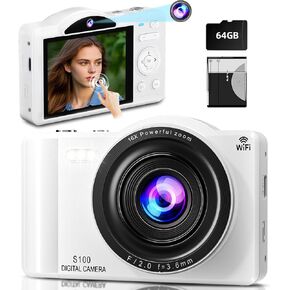 4K Dual Lens Digital Camera, 75MP HD Touchscreen with WiFi & 64GB Memory, Auto-Focus, Flash Light, 16X Zoom Retro Camera for Teens, Beginners, Adults