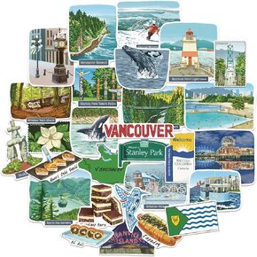Navy Peony Vibrant Vancouver Travel Stickers (28pcs) - Hand-Illustrated, Gouache Style, Outdoor Canada-Themed Decals for Journals, Scrapbooks, Laptop