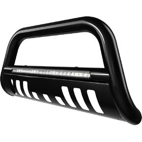 YITAMOTOR Bull Bar متوافق مع 2007-2021 Toyota Tundra/2008-2022 Sequoia مع شريط إضاءة LED، 3 بوصات من الفولاذ المقاوم للصدأ فرشاة أنابيب سوداء، قضيب دفع أمامي مصد أمامي يتضمن لوحة انزلاقية
