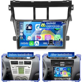 [4+64G] Hikity Android 15 Car Stereo for Toyota Vios Yaris 2007-2012 with Wireless Carplay Android Auto, 9'' IPS Touch Screen Radio Bluetooth Mirror Link GPS WiFi SWC AI DSP/FM/RDS/32EQ Backup Cam+Mic