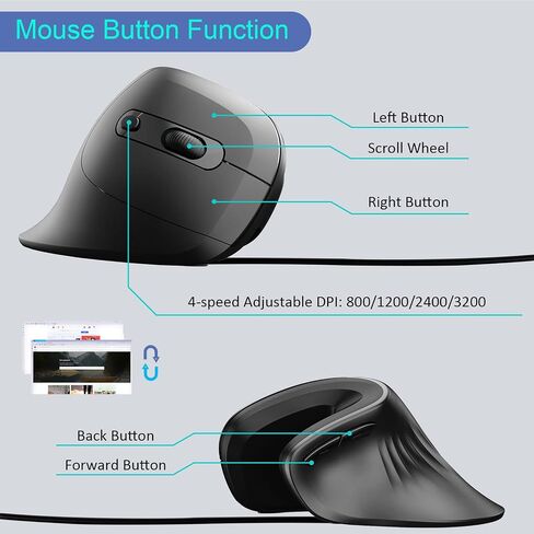 CHUYI Ergonomic Wired Vertical Mouse, 2400/3200 DPI Optical Silent Mouse, Portable Corded Office Mice for Laptop Computer, Reduces Right-Hand Wrist Pain - Not for Gaming (Black) in Kuwait