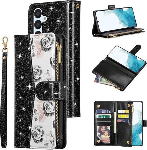 UEEBAI Wallet Case for Samsung Galaxy A16 4G/5G, PU Leather Case Magnetic Closure Handbag Zipper Pocket Case Kickstand Card Slots with Hand Strap Rose Flip Case for Women - Bling Purple in Saudi Arabia