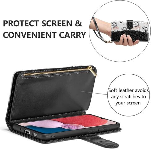 UEEBAI Wallet Case for Samsung Galaxy A16 4G/5G, PU Leather Case Magnetic Closure Handbag Zipper Pocket Case Kickstand Card Slots with Hand Strap Rose Flip Case for Women - Bling Purple in Saudi Arabia