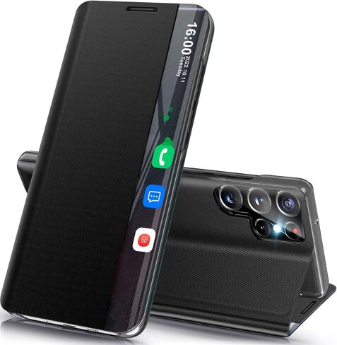 بالنسبة إلى Samsung Galaxy S22 Ultra 5G Case Window Window Slim for Samsung S22 Ultra 5G Case Mirror Hard PC Kickstand Leather Flip Galaxy S22 Ultra 5G Cover (Black) in Kuwait