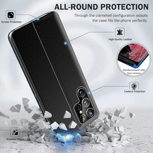 بالنسبة إلى Samsung Galaxy S22 Ultra 5G Case Window Window Slim for Samsung S22 Ultra 5G Case Mirror Hard PC Kickstand Leather Flip Galaxy S22 Ultra 5G Cover (Black) in Kuwait