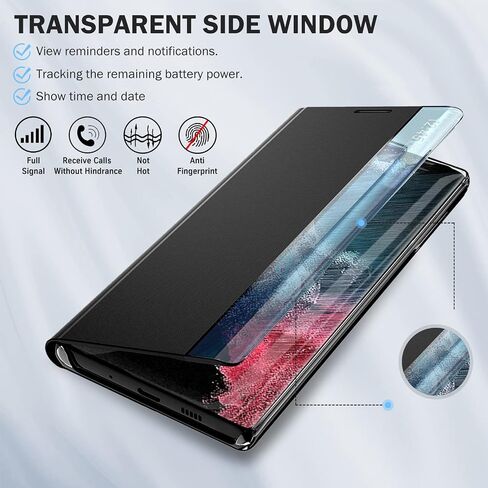 بالنسبة إلى Samsung Galaxy S22 Ultra 5G Case Window Window Slim for Samsung S22 Ultra 5G Case Mirror Hard PC Kickstand Leather Flip Galaxy S22 Ultra 5G Cover (Black) in Kuwait