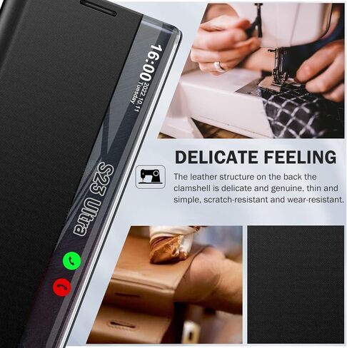 بالنسبة إلى Samsung Galaxy S22 Ultra 5G Case Window Window Slim for Samsung S22 Ultra 5G Case Mirror Hard PC Kickstand Leather Flip Galaxy S22 Ultra 5G Cover (Black) in Kuwait