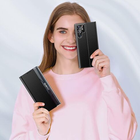 بالنسبة إلى Samsung Galaxy S22 Ultra 5G Case Window Window Slim for Samsung S22 Ultra 5G Case Mirror Hard PC Kickstand Leather Flip Galaxy S22 Ultra 5G Cover (Black) in Kuwait