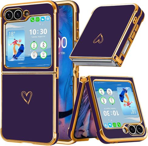 مصمم ل Samsung Galaxy Z Flip 6/5 Case ، Women Girls Gold Plating Heart Fashion Fashion Slim Comple Cover Cover for Z Flip 6/5 (Dark Purple) in Kuwait