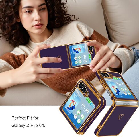 مصمم ل Samsung Galaxy Z Flip 6/5 Case ، Women Girls Gold Plating Heart Fashion Fashion Slim Comple Cover Cover for Z Flip 6/5 (Dark Purple) in Kuwait
