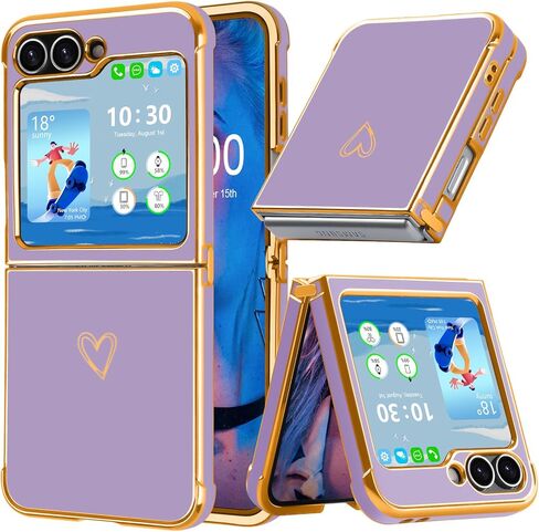 Designed for Samsung Galaxy Z Flip 6/5 Case, Women Girls Gold Plating Heart Fashion Flexible Slim Full Protective Phone Cases Cover for Z Flip 6/5 (Dark Purple) in Kuwait