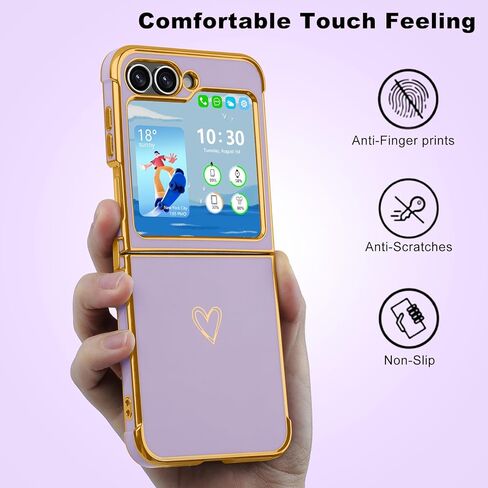 Designed for Samsung Galaxy Z Flip 6/5 Case, Women Girls Gold Plating Heart Fashion Flexible Slim Full Protective Phone Cases Cover for Z Flip 6/5 (Dark Purple) in Kuwait