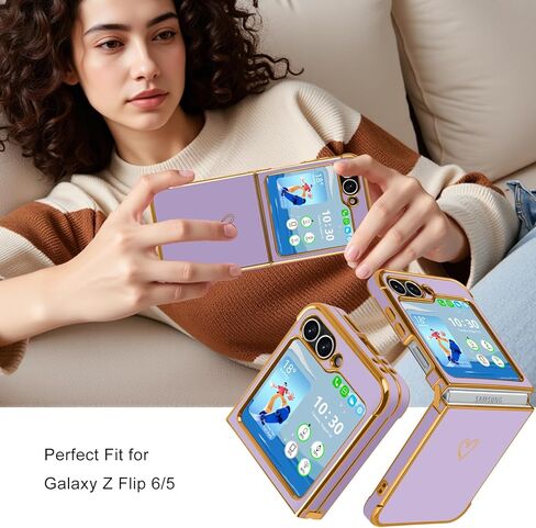 Designed for Samsung Galaxy Z Flip 6/5 Case, Women Girls Gold Plating Heart Fashion Flexible Slim Full Protective Phone Cases Cover for Z Flip 6/5 (Dark Purple) in Kuwait