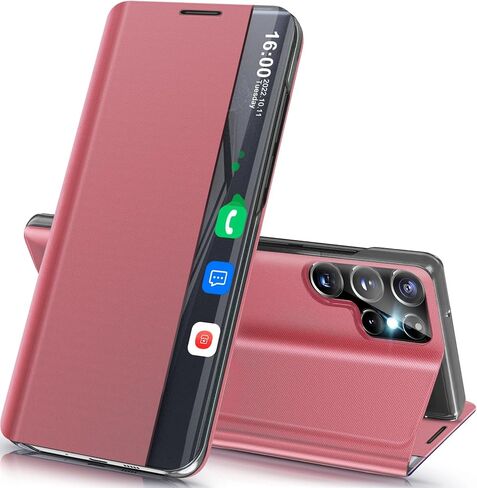 Phone Case for Samsung Galaxy S25 Ultra 5G Case, Mirror for Galaxy S25 Ultra 5G Cases with Kickstand, Leather PC Flip Clear View Window Protective Cover for Samsung S25 Ultra Phone Case (Red) in Kuwait