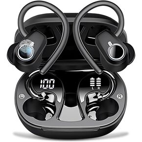 سماعات الأذن اللاسلكية ، سماعات Bluetooth مع Earhook ، 50 ساعة عرض رقمي Display Sports Ear Buds Deep Deep IPX7 مقاوم للماء ، Enc Novection Displicing Mic للهاتف المحمول التلفزيوني الأسود