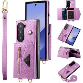 for Samsung Galaxy Z Fold 6 Zipper Wallet Case with Crossbody Strap- Fashionable Slim Thin and Smart Travel Accessory with Card Pockets.(Pink)