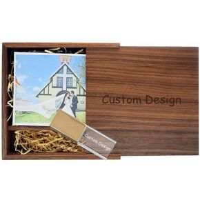32GB Golden Crystal USB 2.0 Flash Drive with Wooden Album Box (6.69x6.69x1.37 inch), Custom Logo USB Stick with LED Light for Wedding/Memories/Photographers/Friends/Gifts