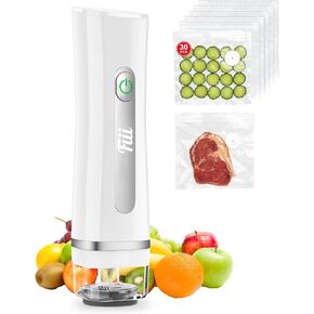 Fiii Vacuum Sealer with 30 Reusable Bags for Food, Powerful Handheld Vacuum Sealer Machine with Visible Water Tank, One Touch Kitchen Storage and Preservation, white & sliver