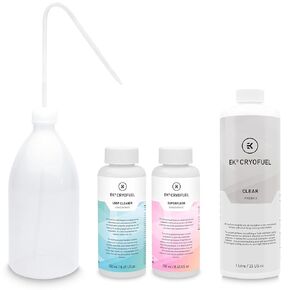 EKWB EK-CryoFuel Loop Cleaner Concentrate, Superflush Concentrate, Clear Premix Coolant (1L), and Filling Bottle Bundle