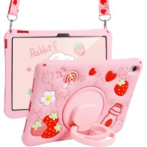 for iPad 10th Case 2022 10.9 Inch/for iPad (A16) 11th Generation 11" 2025 - for Girls Teens Strawberry Soft Silicone Cute with Shoulder Strap & Rotating Stand for Women Girls Girly Teens Cover