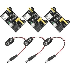3.3V 5V Power Supply Module for Solderless Breadboard Electronic Circuit Board with 9V Battery Clip Power Cable 2.1x 5.5mm Male DC Jack Plug for Arduino (Pack of 3)