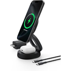 Belkin MagSafe Charger Compatible, 2-in-1 Qi2 Wireless Charging Station 15W, Convertible Wireless Charger for iPhone 16, Apple Watch, AirPods, Portable Phone Stand for Travel w/ 30W Adapter - Black