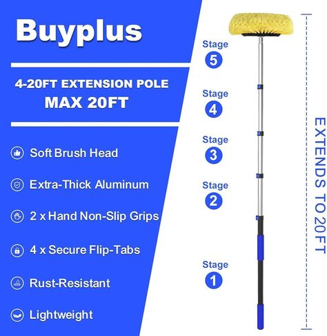 Buyplus 12FT فرشاة غسيل السيارات تلسكوبية مع مرفق خرطوم، فرشاة تنظيف RV بمقبض طويل، فرشاة سيارة ناعمة مع عمود تمديد للشاحنة، RV، القارب، انحياز المنزل، الألواح الشمسية in Kuwait