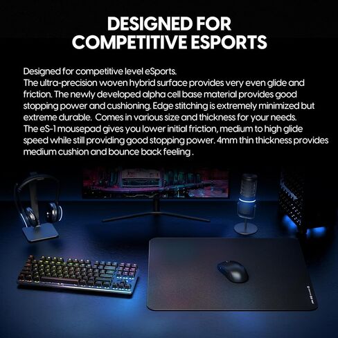 Pulsar - eS1 Esports Professional Level Gaming Mouse Pad 4mm Thickness Anti-Slip Base Anti-Fray Precision Stitching Medium to high Glide Speed 19.3in x 16.5in (XL, Black) in Saudi Arabia
