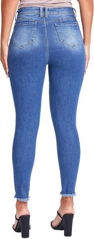 YMI Women's Junior Wannabettabutt Repreve Mid-Rise Ankle Jeans with Frayed Hem in Kuwait