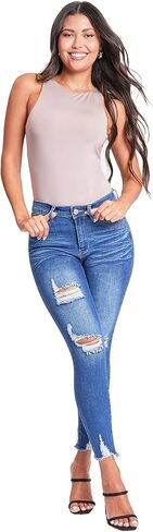 YMI Women's Junior Wannabettabutt Repreve Mid-Rise Ankle Jeans with Frayed Hem in Kuwait