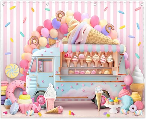 Zthmoe Fabric 7x5ft Ice Cream Truck Backdrop Sweet Birthday Party Background Balloon Cakor Cake Decoration Boys Girls Baby Photo Banner Banner in Kuwait