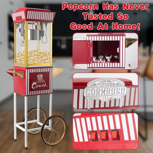 Popcorn Maker Professional Cart Retro Classic Popcorn Popper Machine 8 Ounce with Nonstick Kettle for Home Use, Party and Birthday Gift, Red in Kuwait