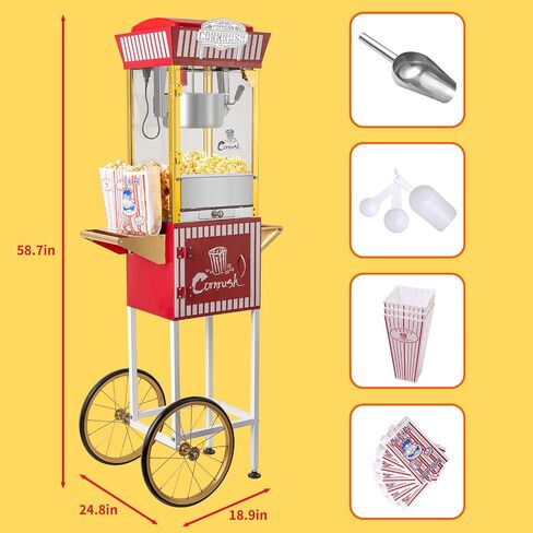 Popcorn Maker Professional Cart Retro Classic Popcorn Popper Machine 8 Ounce with Nonstick Kettle for Home Use, Party and Birthday Gift, Red in Kuwait