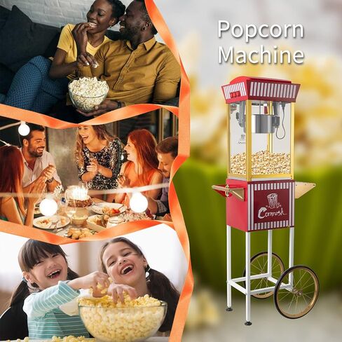 Popcorn Maker Professional Cart Retro Classic Popcorn Popper Machine 8 Ounce with Nonstick Kettle for Home Use, Party and Birthday Gift, Red in Kuwait